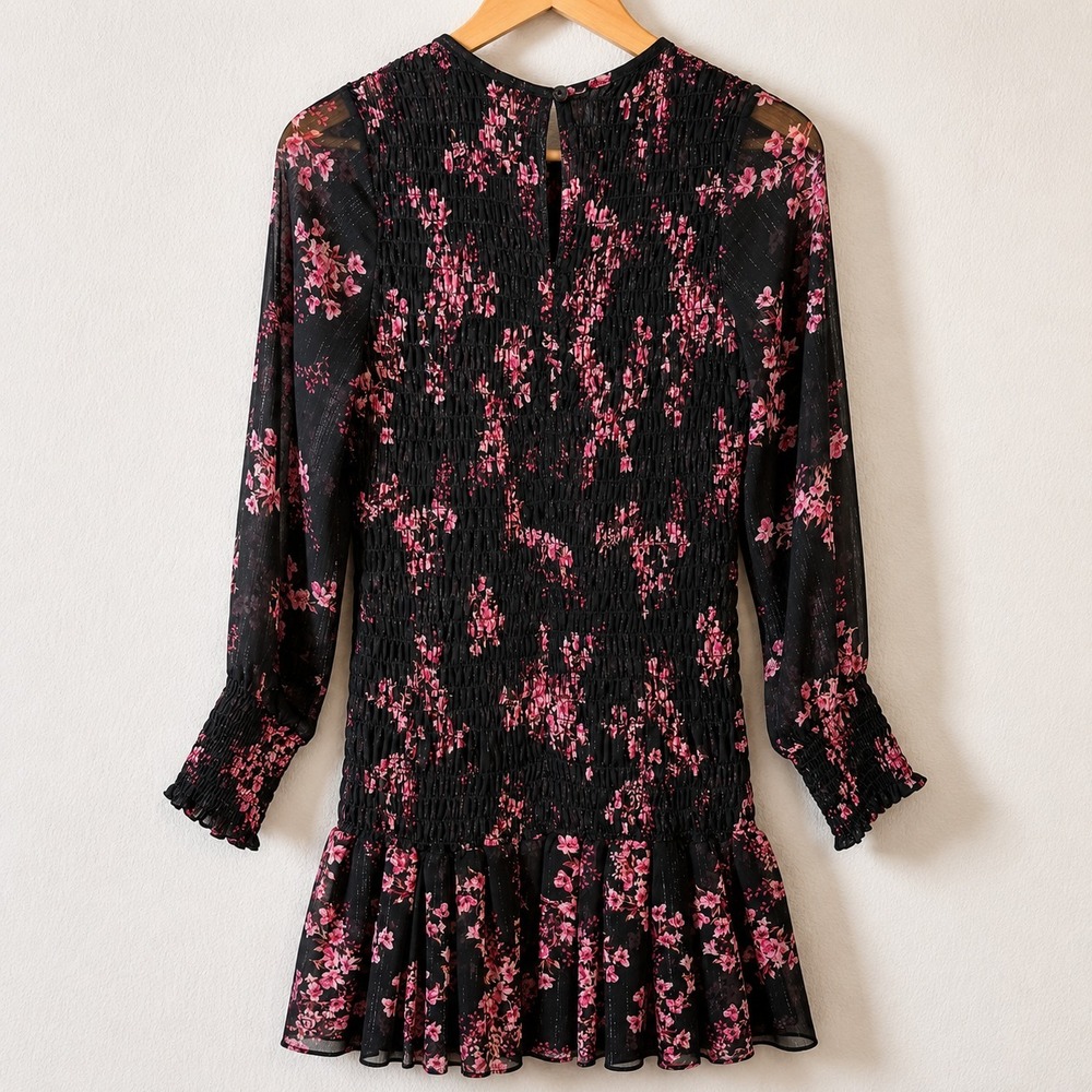 MISA Los Angeles Smocked Floral Mini Dress Long Sleeve Black Pink Womens M